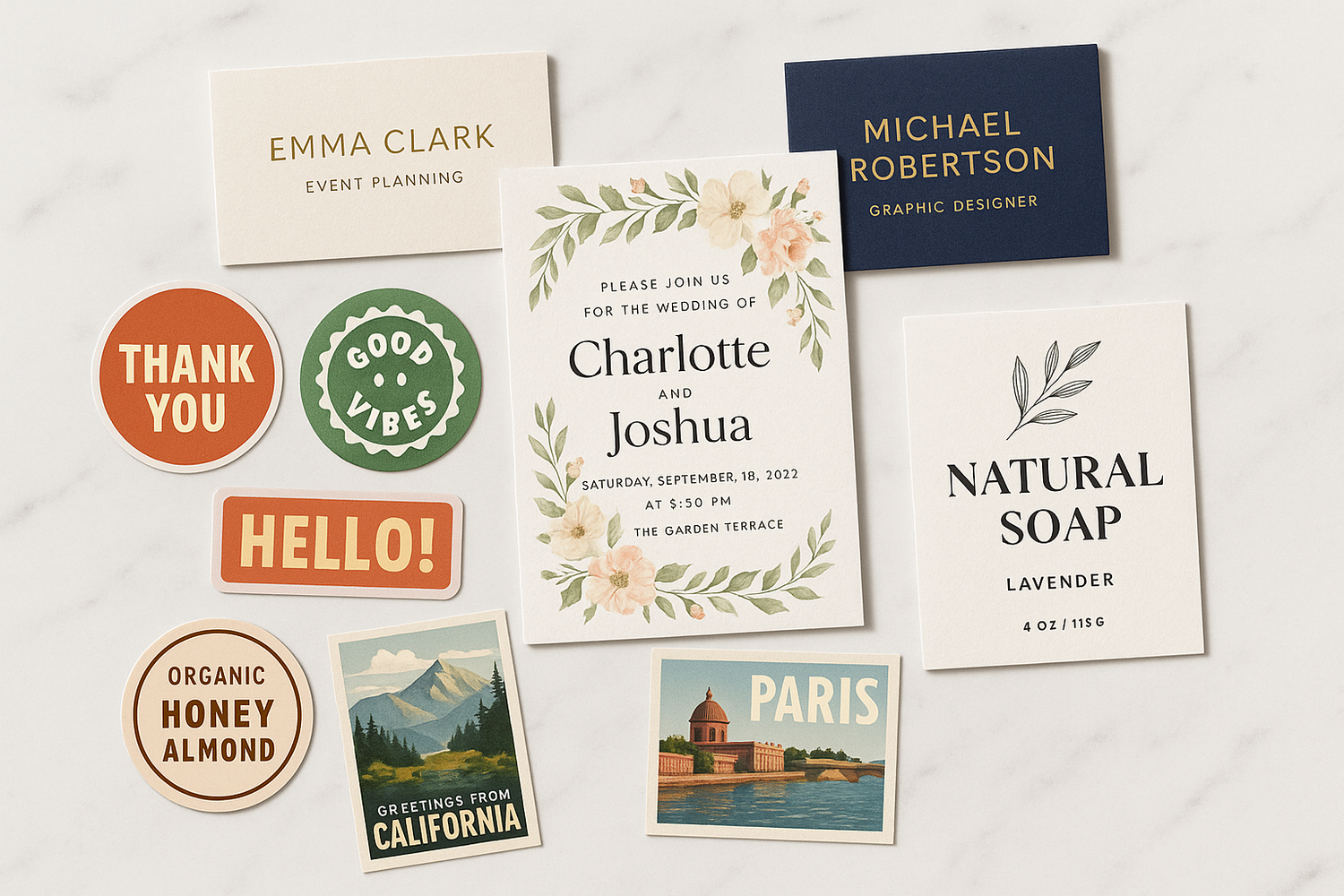 Custom business cards, invitations, stickers, post cards, labels