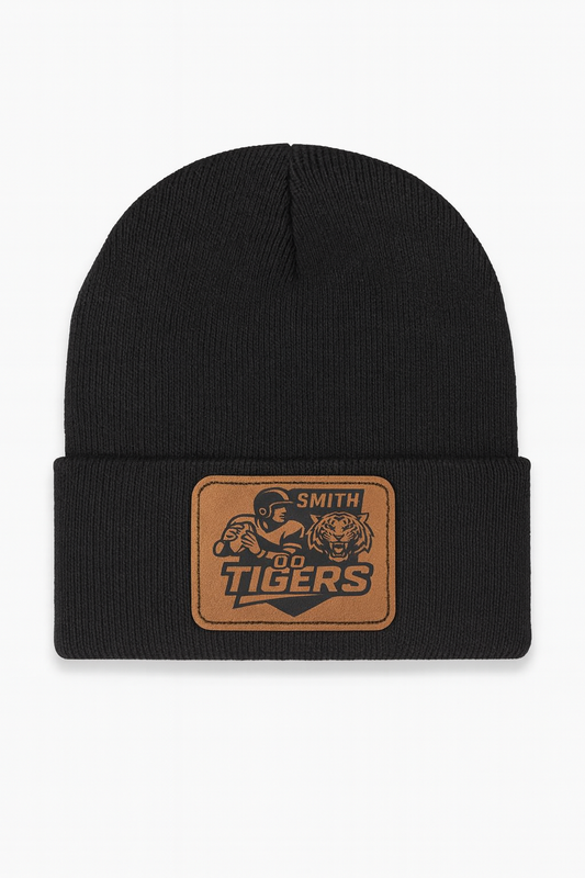 Personalized School Spirit Beanie – With Custom Laser Engraved Leather Patch